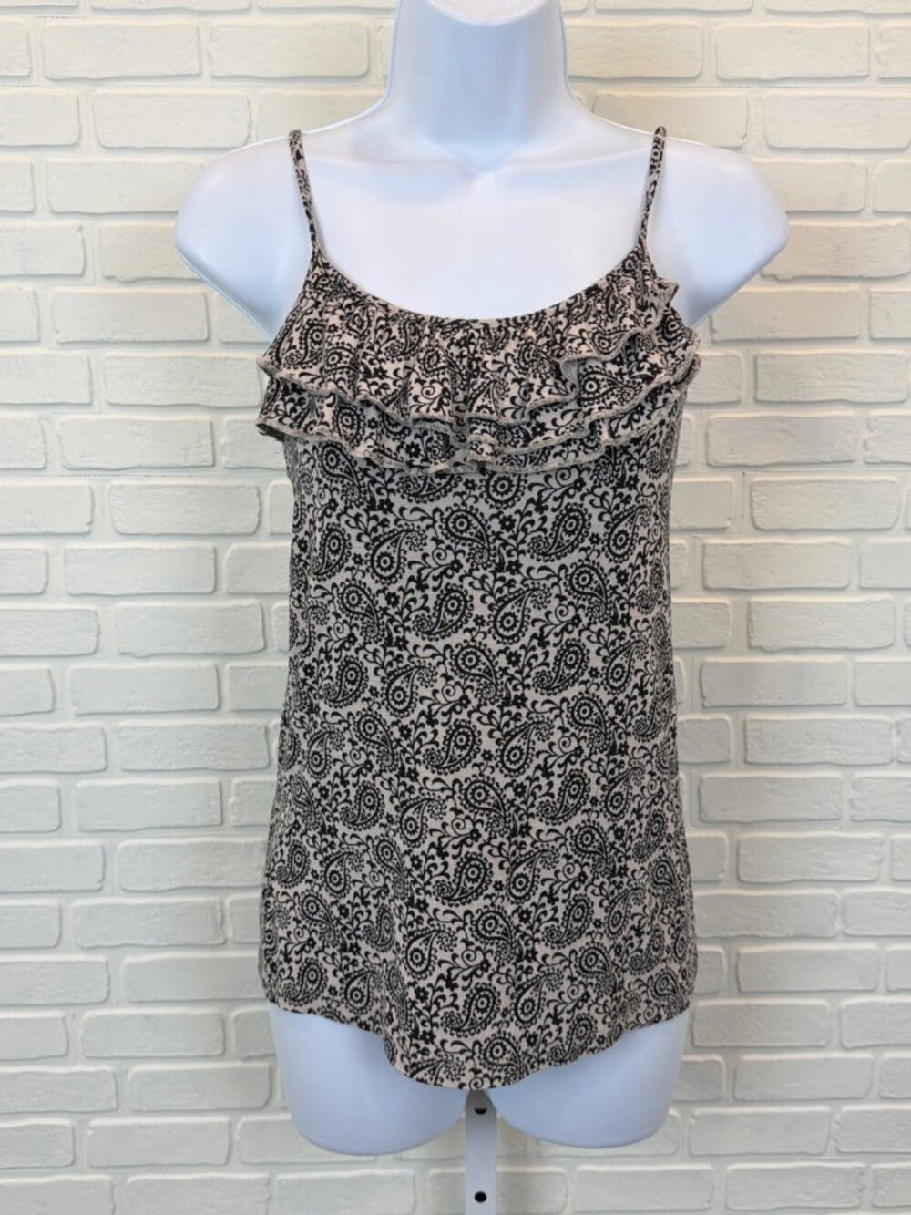 Ann Taylor LOFT Paisley Ruffle Cami Tank Tan Black XS